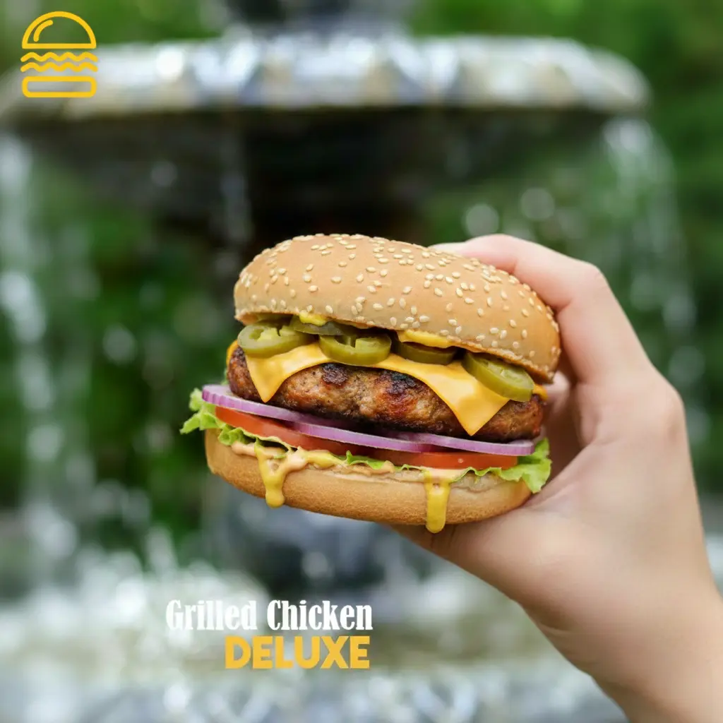 The Chicken Deluxe burger - grilled chicken with melted cheese and crisp lettuce